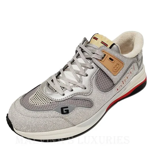 GUCCI SNEAKERS MENS ULTRAPACE SILVER LEATHER SHOES w LOGO